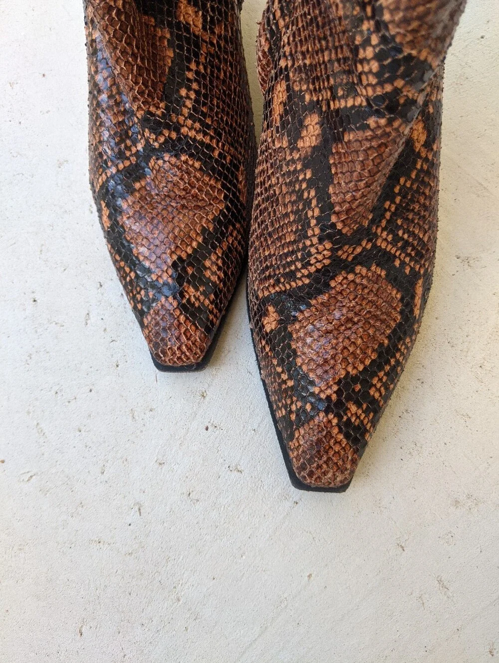AEYDE Orange And Black Snakeskin Pointy Square Toe Ankle Wedges